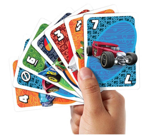 Hot Wheels Uno Express game box featuring colorful cards and a playful design with Hot Wheels branding.