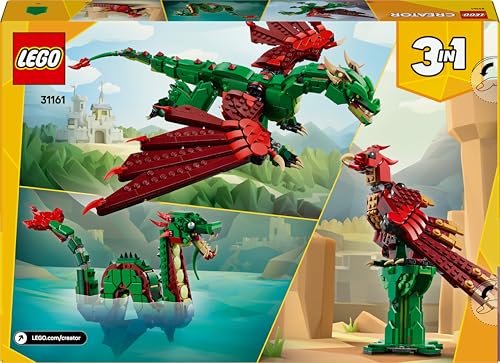LEGO Creator 3in1 Medieval Dragon toy set with dragon, sea serpent, and phoenix models for kids aged 9 and up.