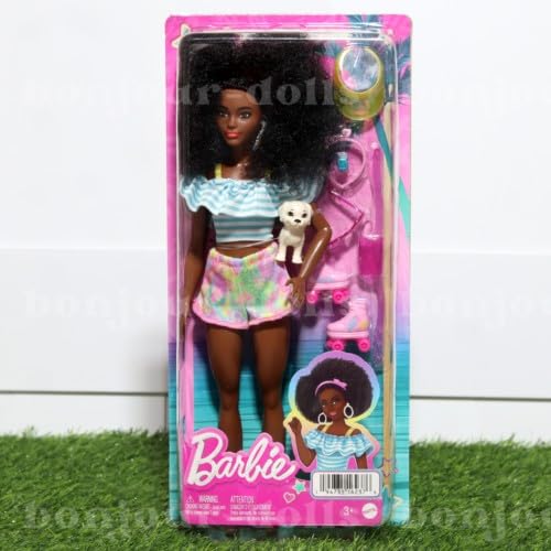Barbie doll with roller skates, trendy outfit, storytelling accessories, and pet puppy, featuring a natural afro hairstyle.