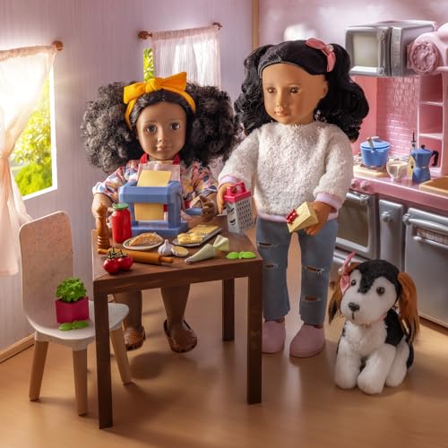 Our Generation pink fridge and kitchen playset with pretend food items for 18-inch dolls, ideal for imaginative play.