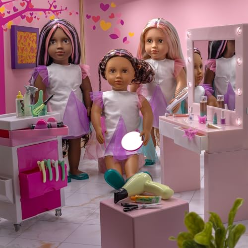 18-inch Our Generation doll Tania with lifelike brown eyes and ultra-long rainbow hair, featuring styling accessories.