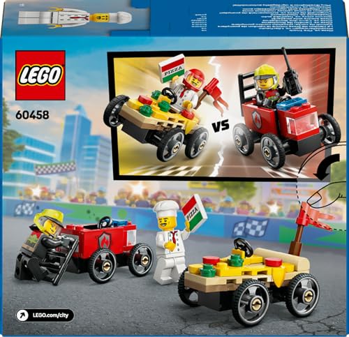 LEGO City Pizza vs. Fire Truck Race Car set with two minifigures and soapbox cars for kids aged 5 and up.