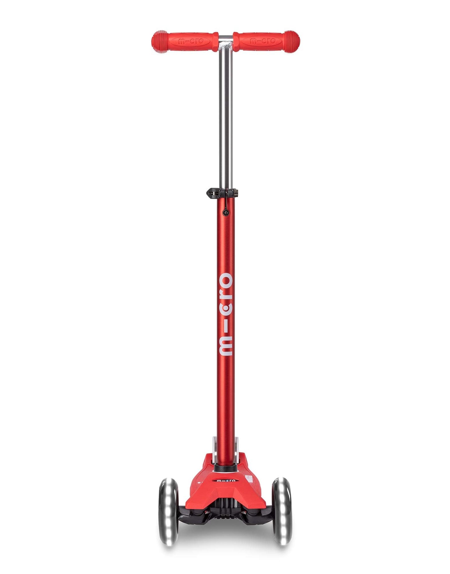 Red Maxi Micro LED Deluxe children's scooter with big wheels and adjustable handlebar for ages 5-12 years.