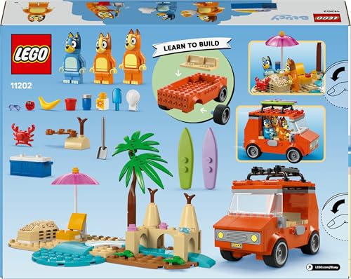 LEGO Bluey: Bluey's Beach & Family Car Trip Toy with 3 Minifigures incl. Bingo & Chilli, plus 2 Surfboards, a Sand Castle & Fun Accessories - Birthday Gift for 4+ Year Old Girls & Boys - 11202