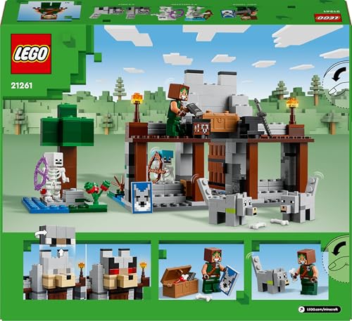 LEGO Minecraft The Wolf Stronghold - Castle Toy with a Character, 2 Skeleton Figures & 2 Wolves, plus Accessories incl. a Crafting Table - Gamer Gift for 8+ Year Old Boys & Girls - 21261