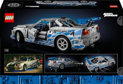 LEGO Technic Nissan Skyline GT-R (R34) car model kit showcasing detailed drift function and 6-cylinder engine.