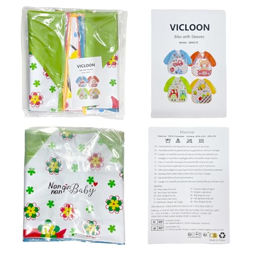 Vicloon Bibs with Sleeves, 4 Pcs EVA Unisex Feeding Baby Bibs Waterproof Long Sleeve Bib Apron Lovely Cute Cartoon Bibs for Infant Toddler 6 Months to 3 Years Old