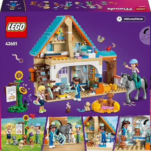 LEGO Friends Horse and Pet Vet Clinic set featuring horse, cat, dog figures, mini dolls, stable, and vet accessories.