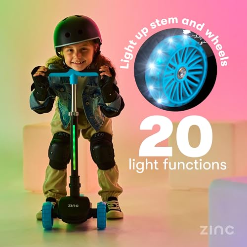 Zinc T-Motion Shine Kids Scooter for Ages 3+ – Three Wheeled Folding Boys & Girls Scooter with LED Light Up Deck & Wheels, Adjustable Handlebar, Lean & Steer Controls, Rear Brake, Black & Blue