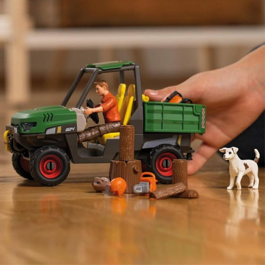 SCHLEICH Farm World - Working in The Forest Playset with Action Figure, Dog Figurine, Tractor Toy and Accessories - Imaginative Play Set for Kids Ages 3+