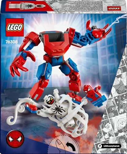LEGO Marvel Spider-Man Mech and Anti-Venom figures with two minifigures for imaginative play, set 76308.