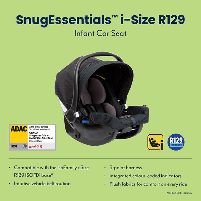 Graco SnugEssentials i-Size Infant Car Seat (Birth to 12 Months Approx, 40-75cm) with newborn insert, ISOFIX Base Compatible, Black/Grey fashion