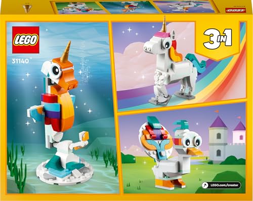 LEGO Creator 3in1 Magical Unicorn toy, transforming into seahorse and peacock, colorful buildable animal figures.