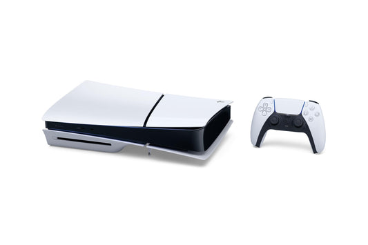 PlayStation Console 5 Edition Standard Slim with sleek black design and modern gaming features, shown from a front angle.