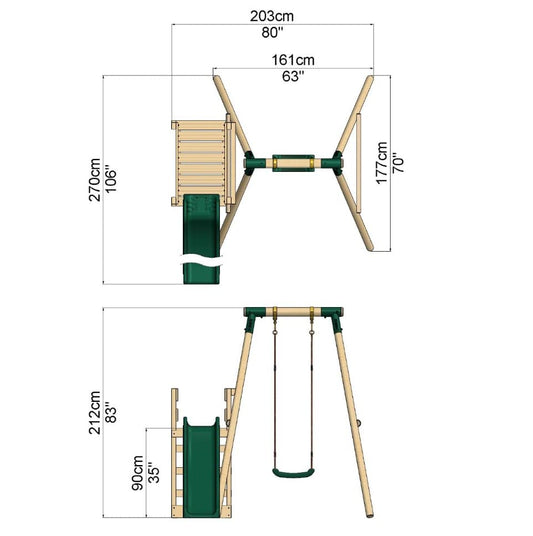 Rebo® Wooden Swing Set Plus Deck and Slide - Solar Green | OutdoorToys | Kids' Playset - Sturdy Construction, Pressure Treated Timber, Soft-Feel Ropes