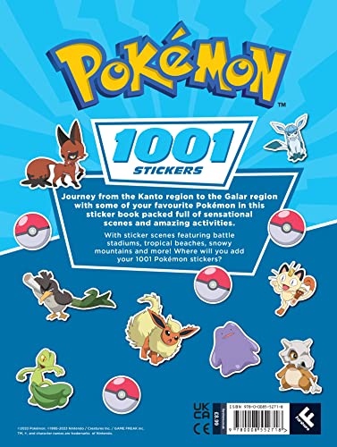 Colorful cover of Pokémon: 1001 Stickers book by Farshore, featuring various Pokémon characters and vibrant designs.