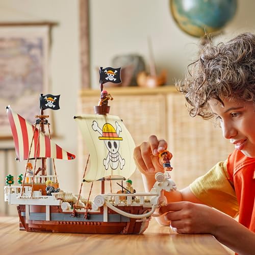 LEGO ONE PIECE The Going Merry pirate ship model with Luffy, Zoro, Nami minifigures for display and play.