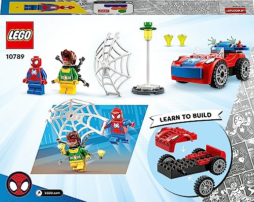 LEGO 10789 set featuring Spider-Man's car and Doc Ock, colorful buildable toy with glow-in-the-dark pieces for kids.