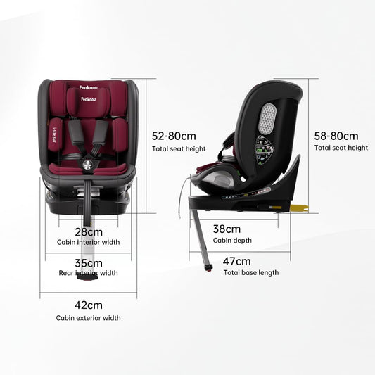 Feakaou 360 Car Seat with ISOFIX - Newborn to 12 Years Children, i-Size (ECE R129/E4) Rotating Swivel Baby Car Seat,Group 0+1/2/3 (40-150cm),Rear Facing for Longer from Birth to 4 Years. Red Black