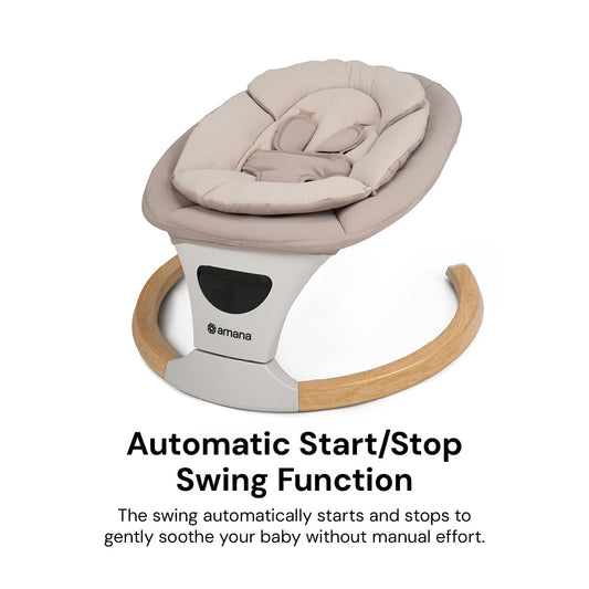 DreamX E-Swing baby swing in Dune and Pebble Grey with remote control, Bluetooth connectivity, and 5 adjustable speeds.