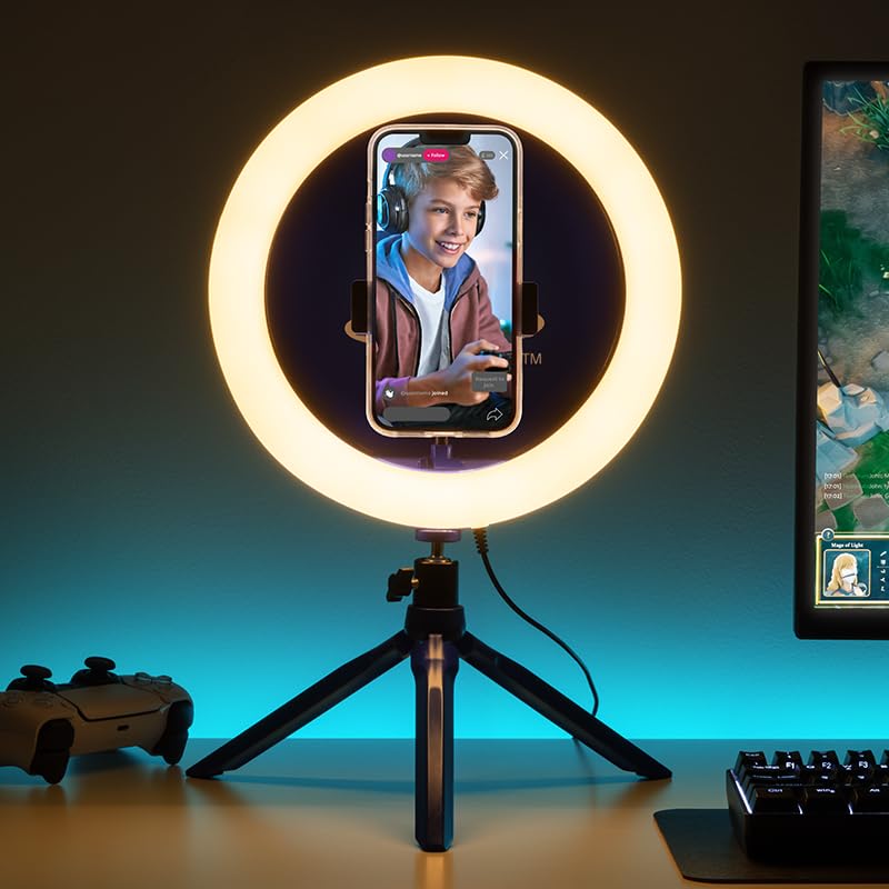Paladone PlayStation streaming ring light with phone holder, adjustable brightness, and warm, cool, neutral modes for content creation.