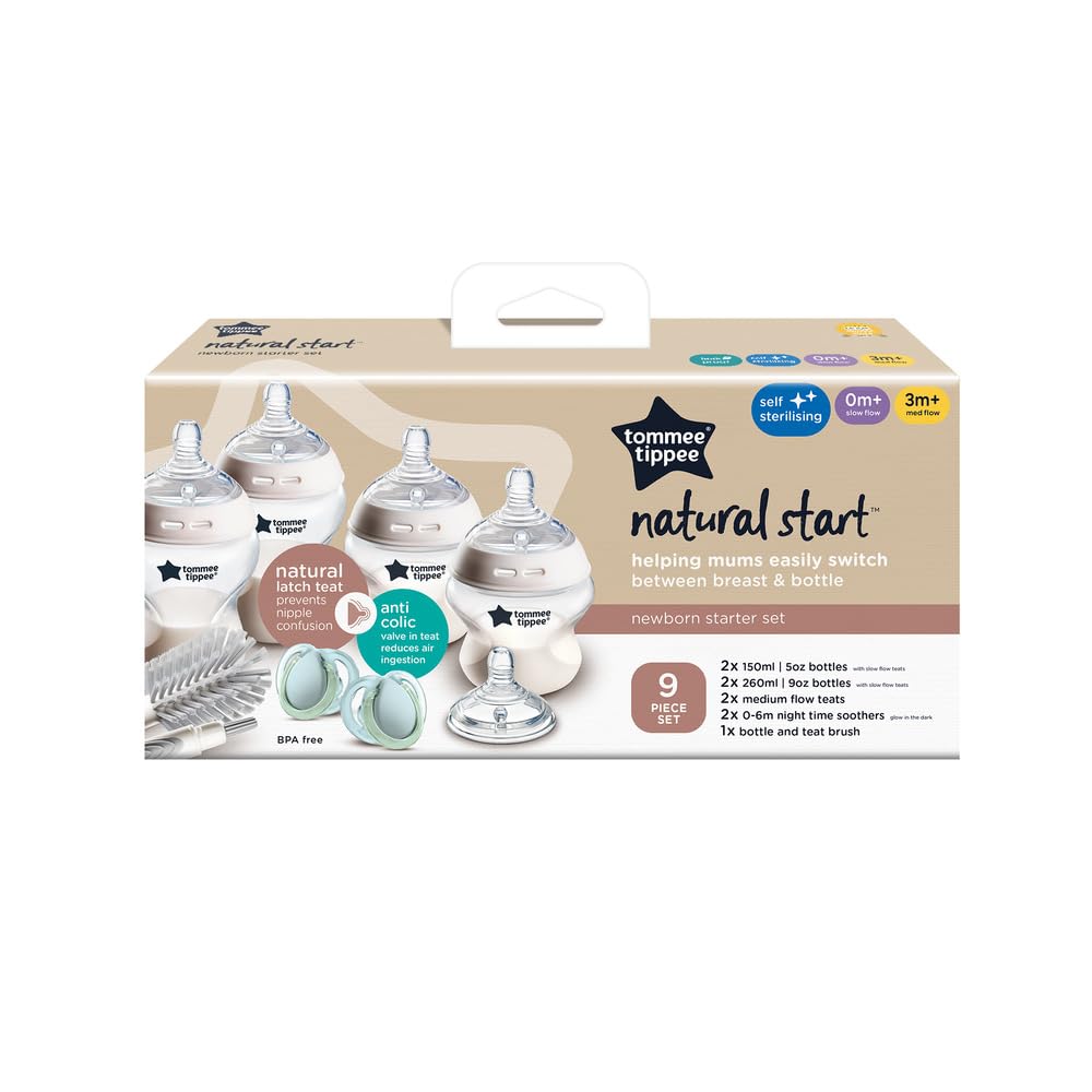 Tommee Tippee Natural Start Newborn Starter Set, 150ml and 260ml Anti-Colic Baby Bottles with Slow Teat Included, Slow & Medium-Flow Breast-Like Teats for a Natural Latch, Self-Sterilising