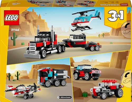 LEGO Creator 3in1 Flatbed Truck with helicopter and propeller plane, showcasing multiple vehicle builds for kids.