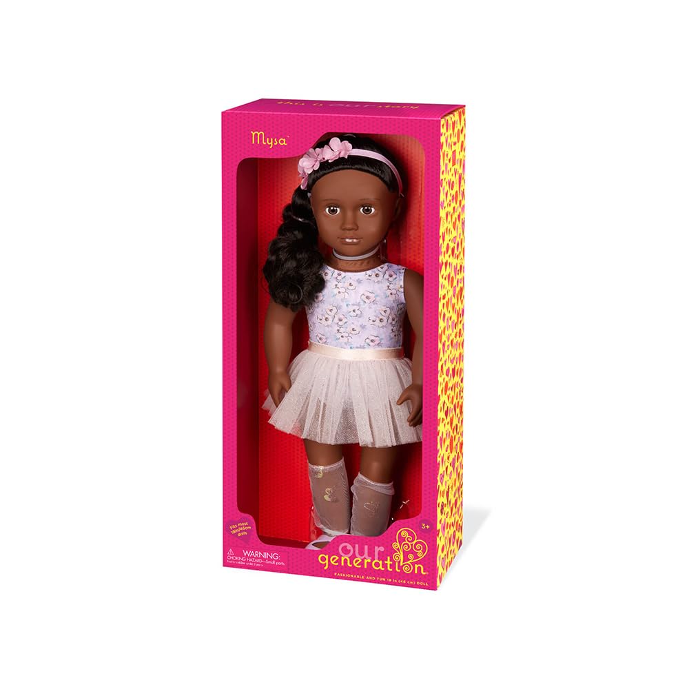 18-inch Our Generation Mysa doll with dark hair, brown eyes, white leotard, and tutu, posing as a ballet dancer.