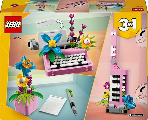 LEGO Creator 3in1 typewriter toy with flowers, keytar model, and flowerpot with pen and notebook, suitable for ages 8+.