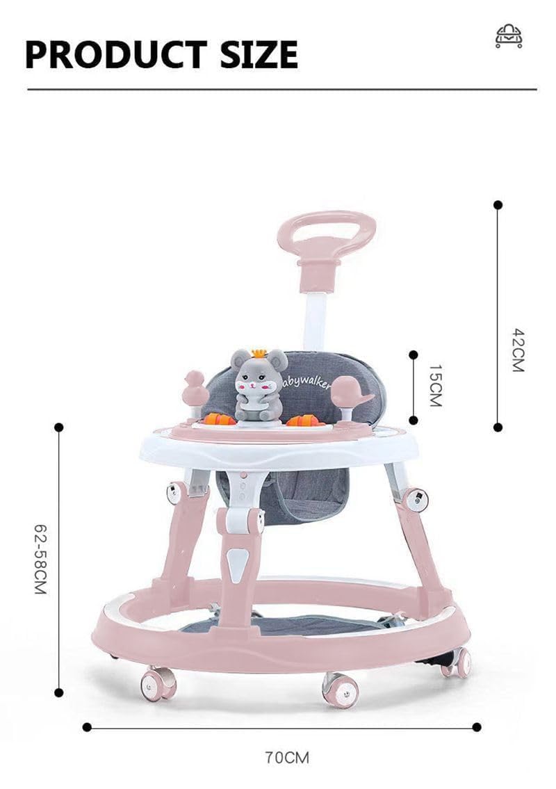 Pink adjustable baby walker with foldable safari design, feeding tray, interactive music, toys, lights, and safety wheel breaks.