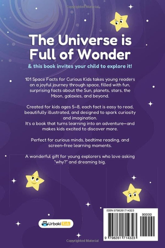 Cover of "101 Space Facts for Curious Kids" by Super Toy Store, featuring colorful illustrations of planets and stars for children ages 5-8.