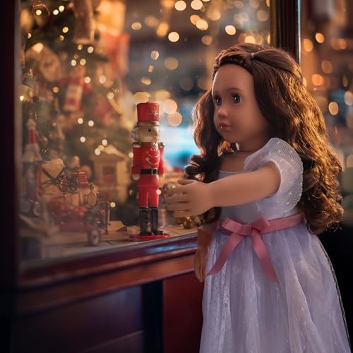 18-inch Our Generation Clara ballerina doll with blue eyes and brown hair wearing a ballet outfit and nutcracker accessories.