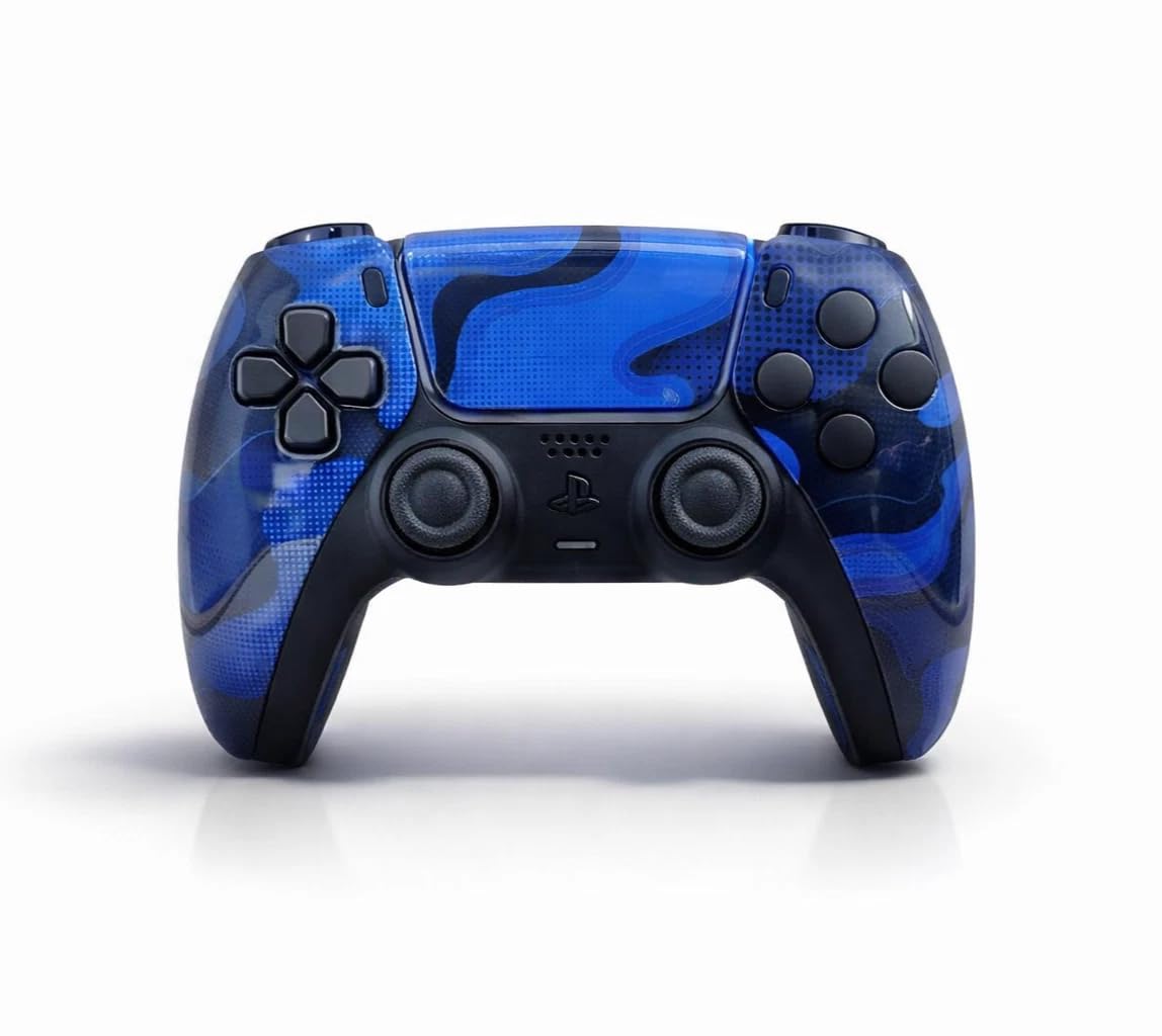 Blue camo edition Custom Controllers UK gaming controller compatible with Sony PlayStation 5, featuring ergonomic design and textured grips.