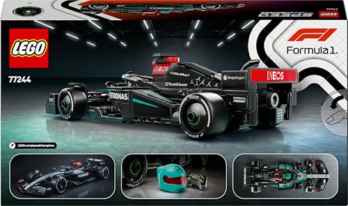 LEGO Speed Champions Mercedes-AMG F1 W15 race car toy with a collectible Formula 1 driver minifigure.