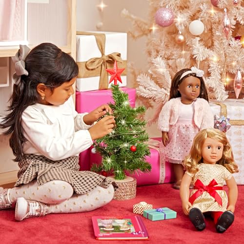 Our Generation 18-inch doll Christmas tree with lights and ornaments for festive pretend play decoration.