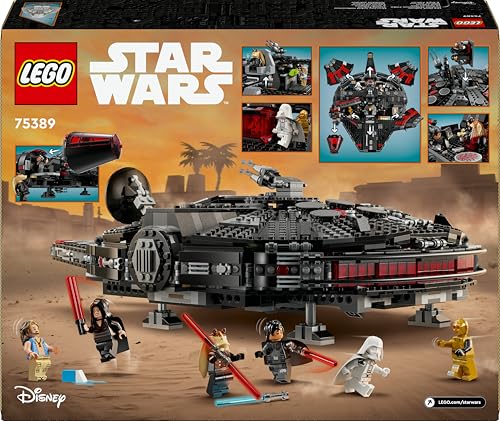 LEGO Star Wars 75389 The Dark Falcon building toy with minifigures, cannons, and spring-loaded shooters in detailed display.