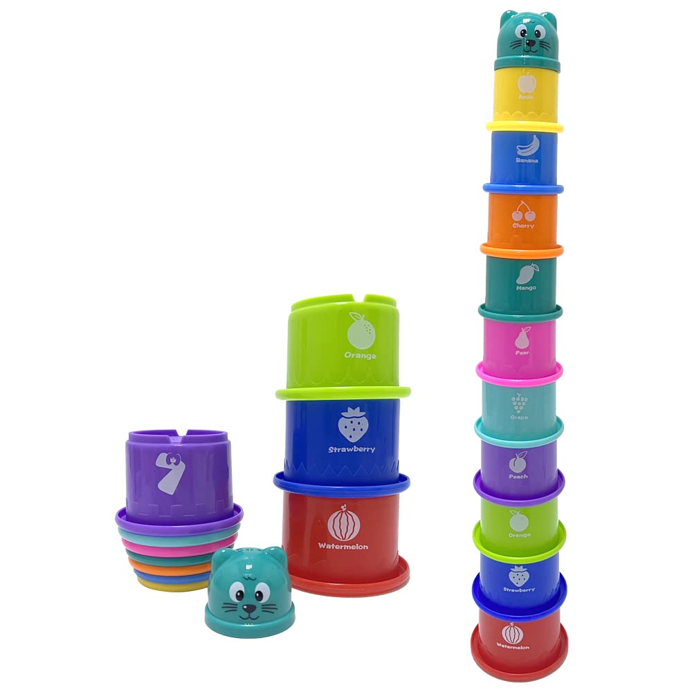 Colorful RAM ONLINE baby stacking cups arranged in a pyramid shape on a bright surface, perfect for preschool learning.