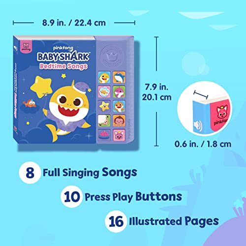 Pinkfong Baby Shark bedtime sound book with 10 buttons, featuring lullabies and colorful illustrations for toddlers' interactive learning.