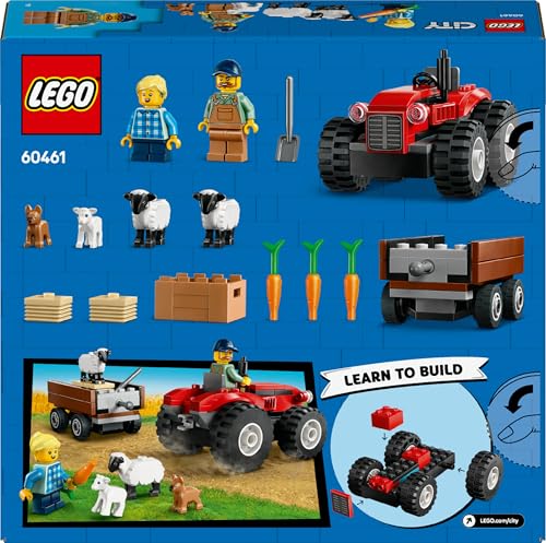 LEGO City red farm tractor with trailer and sheep figures, designed for early learning play for kids 4 and up.