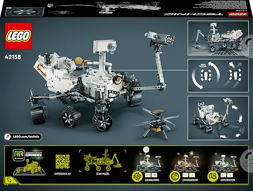 LEGO Technic NASA Mars Rover Perseverance set with detailed vehicle engineering design and AR app for interactive learning.