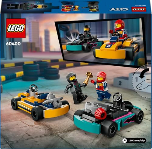 LEGO City Go-Karts playset featuring two driver minifigures and colorful racing vehicles for kids aged 5 and up.