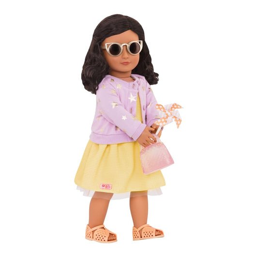 Our Generation summer dress outfit for 18-inch dolls with sunny day accessories and six-piece accessory set.
