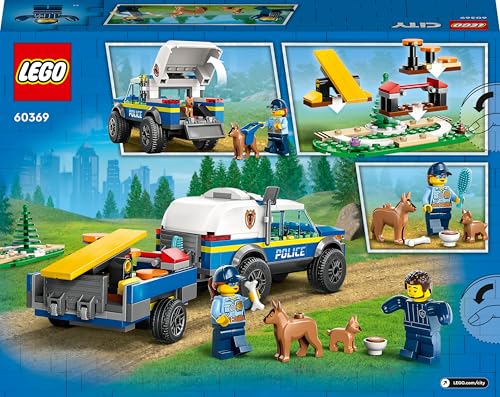 LEGO 60369 City Mobile Police Dog Training Set with SUV, trailer, puppy figures, and obstacle course for kids.