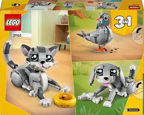 LEGO Creator 3in1 playful cat toy set with animal figure transforming into a pigeon and dog model, ideal for kids.