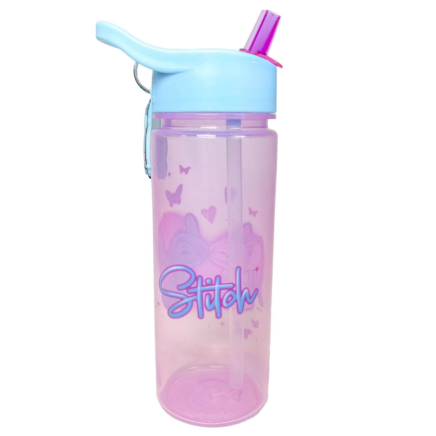 Disney Stitch and Angel 500ml kids water bottle with straw, featuring Stitch keyring charm, ideal for back-to-school supplies.