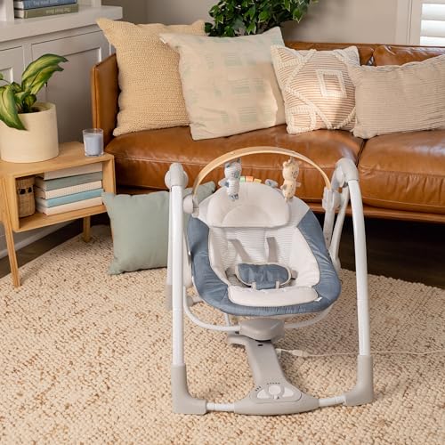 Ingenuity Swing n Go Portable Swing, Removable Sustainably Sourced Wood Toy Bar, 5-Speed, for Ages 0-9 Months, Up to 20 Pounds, Chambray