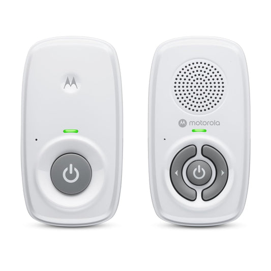 Motorola Nursery AM21/MBP21 digital audio baby monitor with high sensitivity microphone and 300-meter range in white.