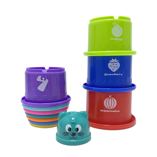 Colorful RAM ONLINE 11-piece stacking cups set arranged in a pyramid, ideal for preschool learning and play.