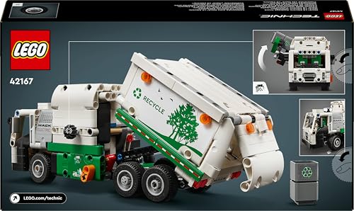 LEGO Technic Mack LR Electric Garbage Truck toy with recycling bin, featuring realistic details for kids aged 8 and up.