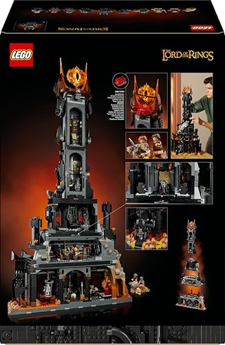 LEGO Icons Barad-dûr model set featuring Sauron, Gothmog, Orc, Frodo, Sam, and Gollum minifigures in detailed design.